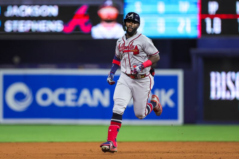 Sep 16, 2023; Miami, Florida, USA; Atlanta Braves center fielder Michael Harris II (23) circles the bases after hitting a home run against the Miami Marlins during the fifth inning at loanDepot Park. Mandatory Credit: Sam Navarro-USA TODAY Sports