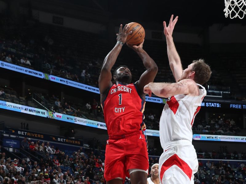 NEW ORLEANS, LA - FEBRUARY 5: Zion Williamson #1 of the New Orleans Pelicans shoots the ball during the game against the Toronto Raptors on February 5, 2024 at the Smoothie King Center in New Orleans, Louisiana. NOTE TO USER: User expressly acknowledges and agrees that, by downloading and or using this Photograph, user is consenting to the terms and conditions of the Getty Images License Agreement. Mandatory Copyright Notice: Copyright 2024 NBAE (Photo by Layne Murdoch Jr./NBAE via Getty Images)