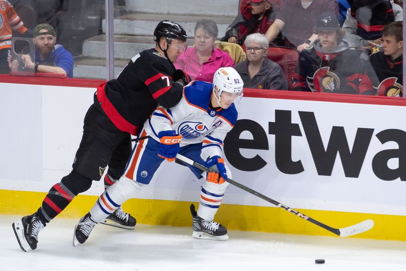 Mar 24, 2024; Ottawa, Ontario, CAN; Ottawa Senators left wing Brady Tkachuk (7) batles with Edmonton Oilers center Ryan Nugent-Hopkins (93) in the third period at the Canadian Tire Centre. Mandatory Credit: Marc DesRosiers-USA TODAY Sports