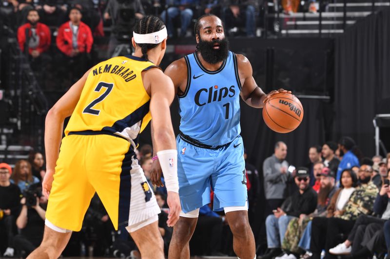 INGLEWOOD, CA - FEBRUARY 6: James Harden #1 of the LA Clippers dribbles the ball during the game against the Indiana Pacers on February 6, 2025 at Intuit Dome in Los Angeles, California. NOTE TO USER: User expressly acknowledges and agrees that, by downloading and/or using this Photograph, user is consenting to the terms and conditions of the Getty Images License Agreement. Mandatory Copyright Notice: Copyright 2025 NBAE (Photo by Juan Ocampo/NBAE via Getty Images)