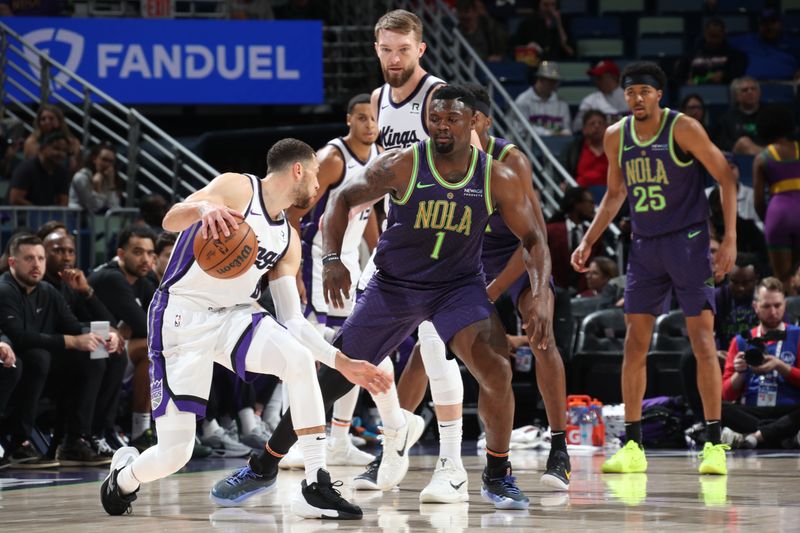 NEW ORLEANS, LA - FEBRUARY 12: Zion Williamson #1 of the New Orleans Pelicans plays defense during the game against the Sacramento Kings   on February 12, 2025 at the Smoothie King Center in New Orleans, Louisiana. NOTE TO USER: User expressly acknowledges and agrees that, by downloading and or using this Photograph, user is consenting to the terms and conditions of the Getty Images License Agreement. Mandatory Copyright Notice: Copyright 2025 NBAE (Photo by Layne Murdoch Jr./NBAE via Getty Images)