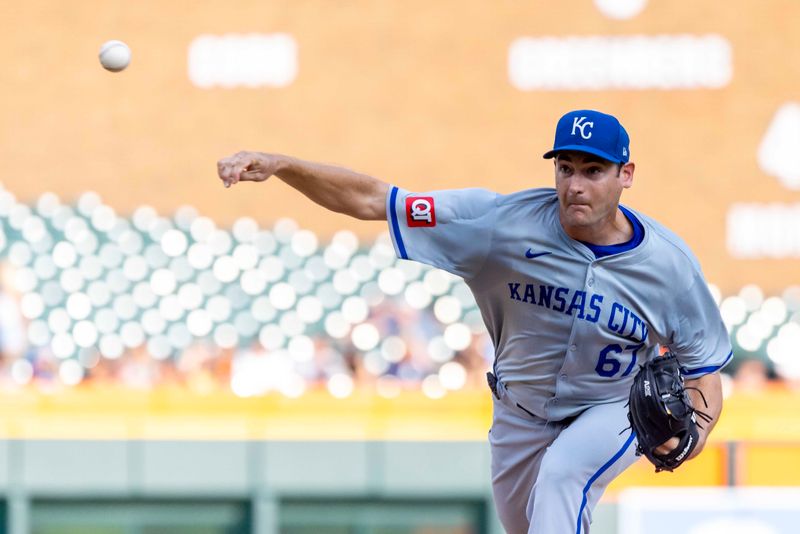 Aug 1, 2024; Detroit, Michigan, USA; Kansas City Royals starting pitcher Seth Lugo (67) delivers a pitch in the first inning against the Detroit Tigers at Comerica Park. Mandatory Credit: David Reginek-USA TODAY Sports