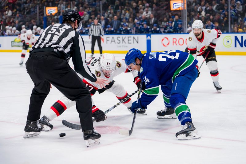 Jan 2, 2024; Vancouver, British Columbia, CAN; Vancouver Canucks forward Pius Suter (24) loses a face off against Ottawa Senators forward Zack MacEwen (17) in the first  period at Rogers Arena. Mandatory Credit: Bob Frid-USA TODAY Sports