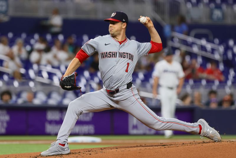 Sep 4, 2024; Miami, Florida, USA; Washington Nationals starting pitcher MacKenzie Gore (1) delivers a pitch against the Miami Marlins during the first inning at loanDepot Park. Mandatory Credit: Sam Navarro-Imagn Images