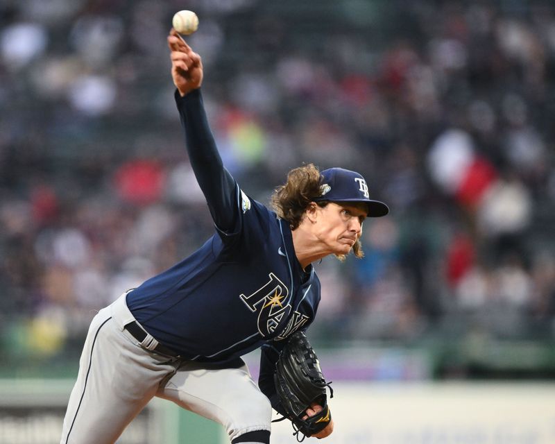 Sep 27, 2023; Boston, Massachusetts, USA; Tampa Bay Rays starting pitcher Tyler Glasnow (20) pitches against the Boston Red Sox during the first inning at Fenway Park. Mandatory Credit: Brian Fluharty-USA TODAY Sports