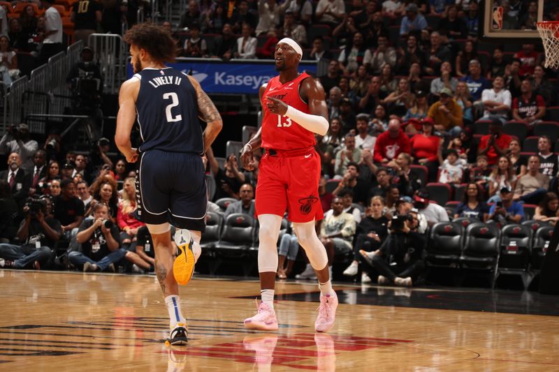 MIAMI, FL - NOVEMBER 24: Bam Adebayo #13 of the Miami Heat looks on during the game against the Dallas Mavericks on November 24, 2024 at Kaseya Center in Miami, Florida. NOTE TO USER: User expressly acknowledges and agrees that, by downloading and or using this Photograph, user is consenting to the terms and conditions of the Getty Images License Agreement. Mandatory Copyright Notice: Copyright 2024 NBAE (Photo by Issac Baldizon/NBAE via Getty Images)