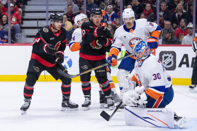 Mar 19, 2026; Ottawa, Ontario, CAN; New York Islanders goalie Ilya Sorokin (30) makes a save in front of Ottawa Senators center Dylan Cozens (24) and left wing Fabian Zetterlund (20) in the first period at the Canadian Tire Centre. Mandatory Credit: Marc DesRosiers-IMAGN Images