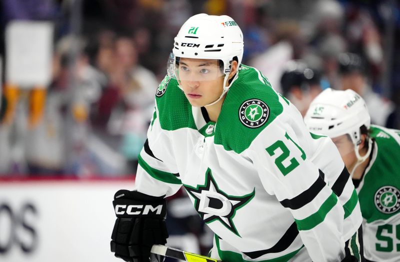 Feb 27, 2024; Denver, Colorado, USA; Dallas Stars left wing Jason Robertson (21) before the game against the Colorado Avalanche at Ball Arena. Mandatory Credit: Ron Chenoy-USA TODAY Sports