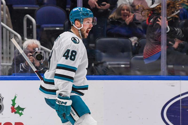 Dec 5, 2023; Elmont, New York, USA; San Jose Sharks center Tomas Hertl (48) celebrates his  game tying goal against the New York Islanders during the third period at UBS Arena. Mandatory Credit: Dennis Schneidler-USA TODAY Sports