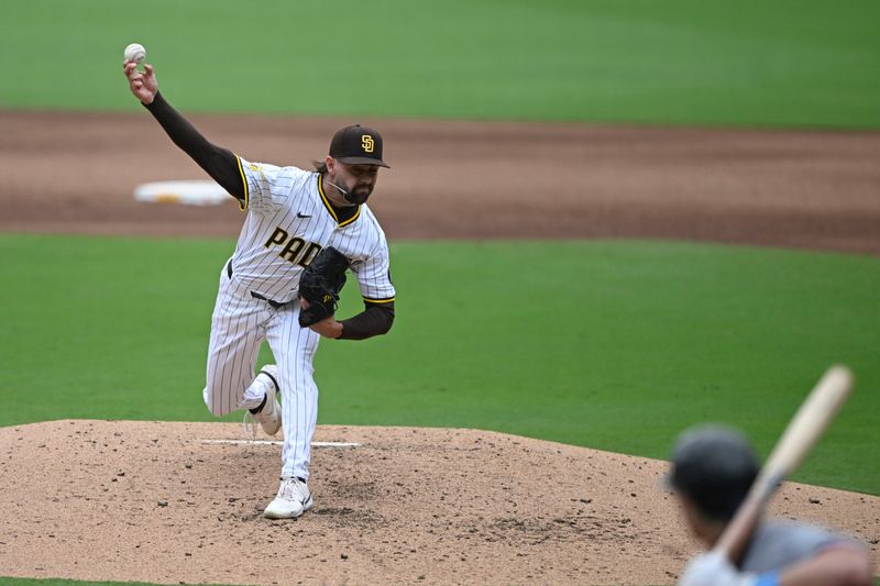 May 28, 2025; San Diego, California, USA; San Diego Padres relief pitcher David Morgan (66) delivers during the sixth inning against the Miami Marlins at Petco Park. Mandatory Credit: Denis Poroy-Imagn Images
