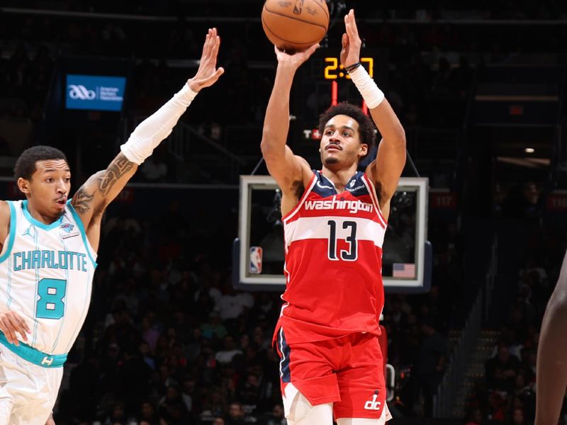 WASHINGTON, DC -? MARCH 8:  Jordan Poole #13 of the Washington Wizards shoots the ball during the game on March 8, 2024 at Capital One Arena in Washington, DC. NOTE TO USER: User expressly acknowledges and agrees that, by downloading and or using this Photograph, user is consenting to the terms and conditions of the Getty Images License Agreement. Mandatory Copyright Notice: Copyright 2024 NBAE (Photo by Stephen Gosling/NBAE via Getty Images)