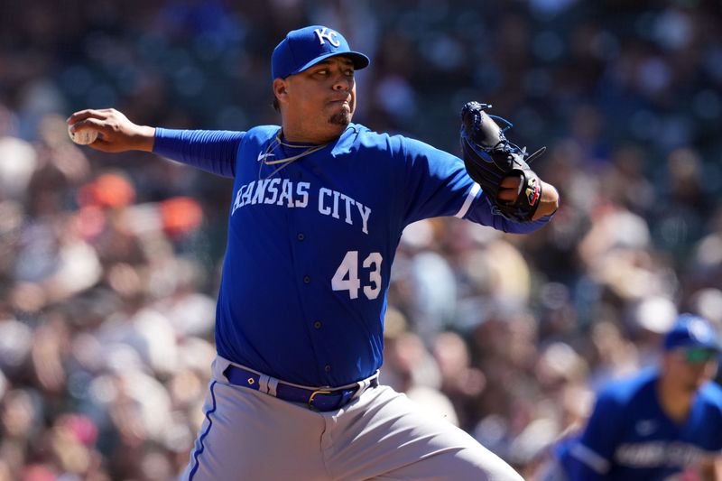 Apr 9, 2023; San Francisco, California, USA; Kansas City Royals relief pitcher Carlos Hernandez (43) throws a pitch against the San Francisco Giants during the seventh inning at Oracle Park. Mandatory Credit: Darren Yamashita-USA TODAY Sports