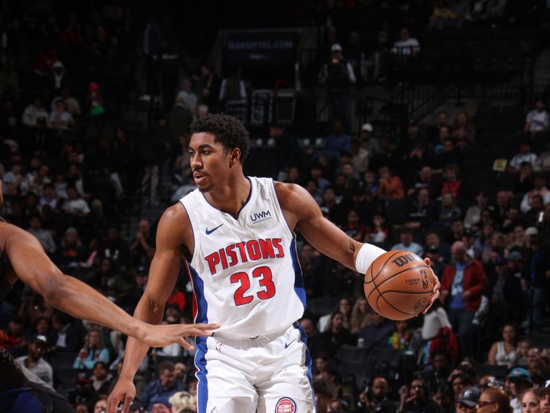 BROOKLYN, NY - APRIL 6: Jaden Ivey #23 of the Detroit Pistons dribbles the ball during the game against the Brooklyn Nets on April 6, 2024 at Barclays Center in Brooklyn, New York. NOTE TO USER: User expressly acknowledges and agrees that, by downloading and or using this Photograph, user is consenting to the terms and conditions of the Getty Images License Agreement. Mandatory Copyright Notice: Copyright 2024 NBAE (Photo by Nathaniel S. Butler/NBAE via Getty Images)