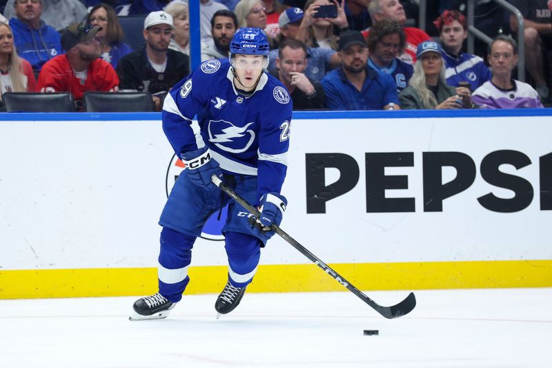 Mar 12, 2026; Tampa, Florida, USA; Tampa Bay Lightning right wing Pontus Holmberg (29) controls the puck against the Detroit Red Wings in the first period at Benchmark International Arena. Mandatory Credit: Nathan Ray Seebeck-Imagn Images