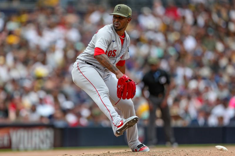 May 21, 2023; San Diego, California, USA; Boston Red Sox relief pitcher Joely Rodriguez (57) throws a pitch in the seventh inning against the San Diego Padres at Petco Park. Mandatory Credit: David Frerker-USA TODAY Sports