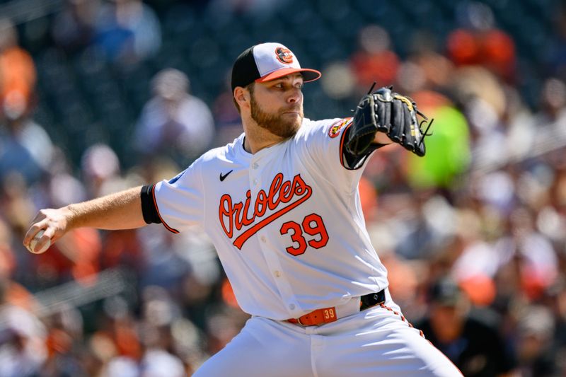 Sep 8, 2024; Baltimore, Maryland, USA; Baltimore Orioles pitcher Corbin Burnes (39) throws a pitch during the first inning against the Tampa Bay Rays at Oriole Park at Camden Yards. Mandatory Credit: Reggie Hildred-Imagn Images