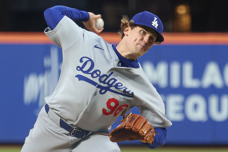May 25, 2025; New York City, New York, USA; Los Angeles Dodgers starting pitcher Landon Knack (96) delivers a pitch during the third inning against the New York Mets at Citi Field. Mandatory Credit: Vincent Carchietta-Imagn Images