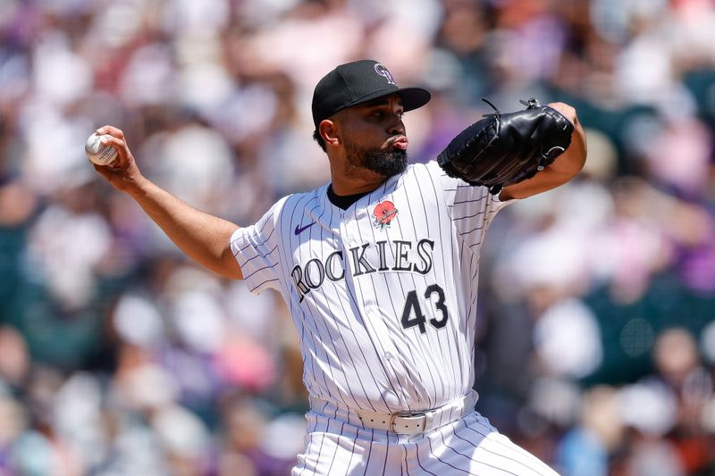 May 27, 2024; Denver, Colorado, USA; Colorado Rockies starting pitcher Anthony Molina (43) pitches in the first inning against the Cleveland Guardians at Coors Field. Mandatory Credit: Isaiah J. Downing-USA TODAY Sports