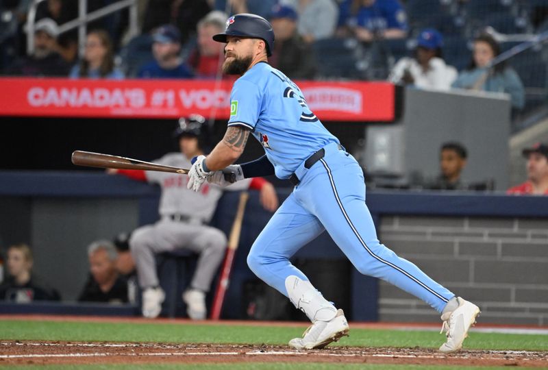 May 1, 2025; Toronto, Ontario, CAN;  Toronto Blue Jays right fielder Nathan Lukes (38) hits a single against the Boston Red Sox in the eighth inning at Rogers Centre. Mandatory Credit: Dan Hamilton-Imagn Images