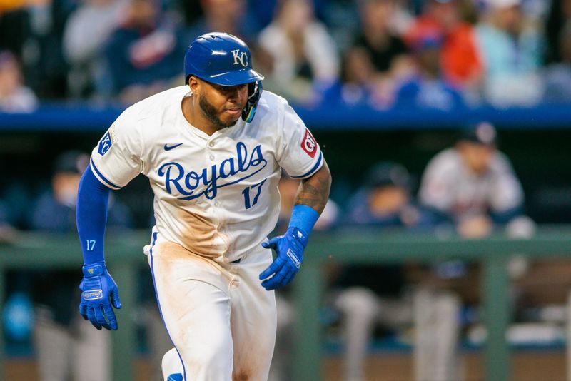 Apr 10, 2024; Kansas City, Missouri, USA; Kansas City Royals outfielder Nelson Velázquez (17) runs to first base after a hit during the first inning against the Houston Astros at Kauffman Stadium. Mandatory Credit: William Purnell-USA TODAY Sports