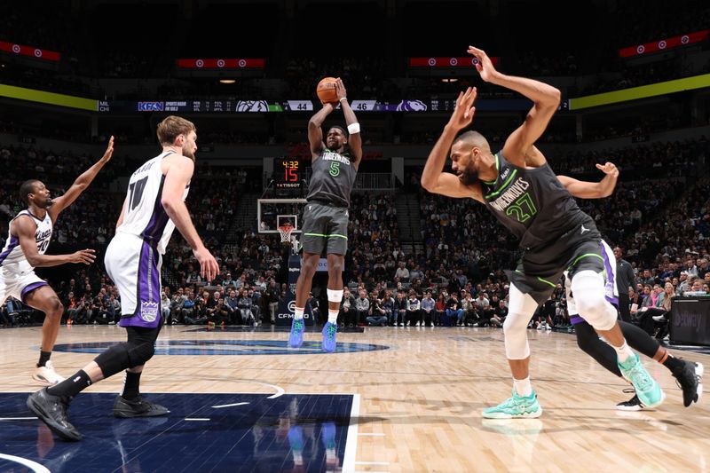 MINNEAPOLIS, MN -  MARCH 1: Anthony Edwards #5 of the Minnesota Timberwolves shoots the ball during the game against the Sacramento Kings on March 1, 2024 at Target Center in Minneapolis, Minnesota. NOTE TO USER: User expressly acknowledges and agrees that, by downloading and or using this Photograph, user is consenting to the terms and conditions of the Getty Images License Agreement. Mandatory Copyright Notice: Copyright 2024 NBAE (Photo by David Sherman/NBAE via Getty Images)