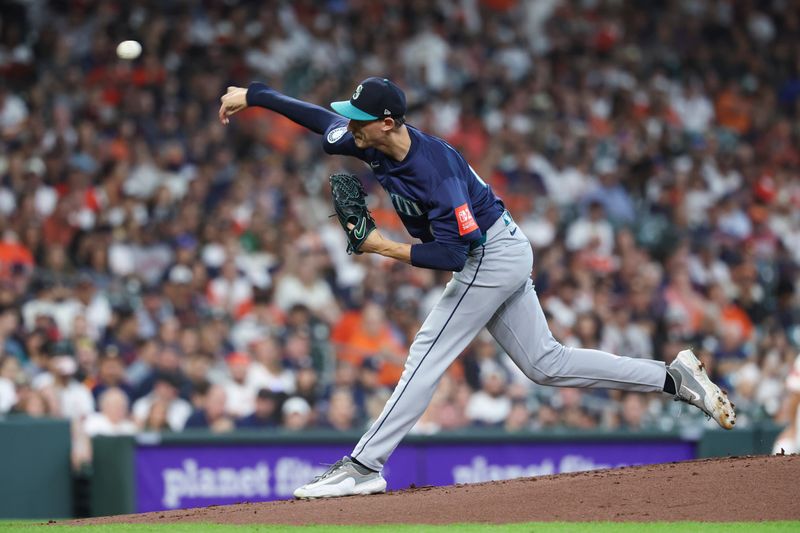 Sep 20, 2025; Houston, Texas, USA; Seattle Mariners starting pitcher George Kirby (68) delivers a pitch during the first inning against the Houston Astros at Daikin Park. Mandatory Credit: Troy Taormina-Imagn Images
