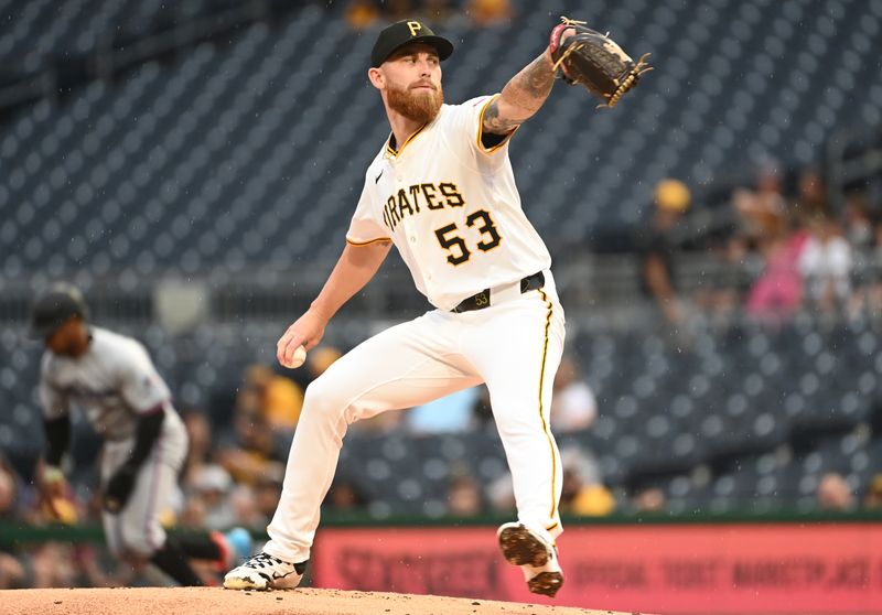 Jun 9, 2025; Pittsburgh, Pennsylvania, USA;  Pittsburgh Pirates starting pitcher Mike Burrows (53) throws a pitch against the Miami Marlins during the first inning at PNC Park. Mandatory Credit: Philip G. Pavely-Imagn Images