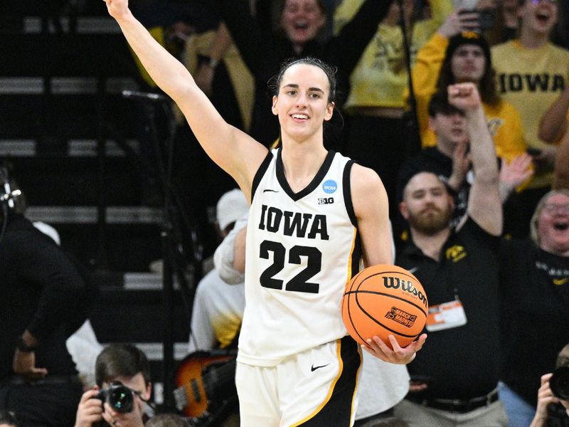 Mar 25, 2024; Iowa City, IA, USA; Iowa Hawkeyes guard Caitlin Clark (22) reacts late during the fourth quarter against the West Virginia Mountaineers of the NCAA second round game at Carver-Hawkeye Arena. Mandatory Credit: Jeffrey Becker-USA TODAY Sports