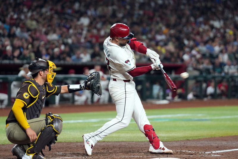 Sep 27, 2024; Phoenix, Arizona, USA; Arizona Diamondbacks first base Christian Walker (53) bats against the San Diego Padres during the sixth inning at Chase Field. Mandatory Credit: Joe Camporeale-Imagn Images