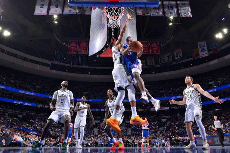 PHILADELPHIA, PA - OCTOBER 23: Tyrese Maxey #0 of the Philadelphia 76ers drives to the basket during the game against the Milwaukee Bucks on October 23, 2024 at the Wells Fargo Center in Philadelphia, Pennsylvania NOTE TO USER: User expressly acknowledges and agrees that, by downloading and/or using this Photograph, user is consenting to the terms and conditions of the Getty Images License Agreement. Mandatory Copyright Notice: Copyright 2024 NBAE (Photo by Jesse D. Garrabrant/NBAE via Getty Images)