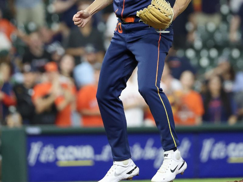 May 13, 2024; Houston, Texas, USA; Houston Astros pitcher Tayler Scott (50) reacts after defeating the Oakland Athletics at Minute Maid Park. Mandatory Credit: Thomas Shea-USA TODAY Sports