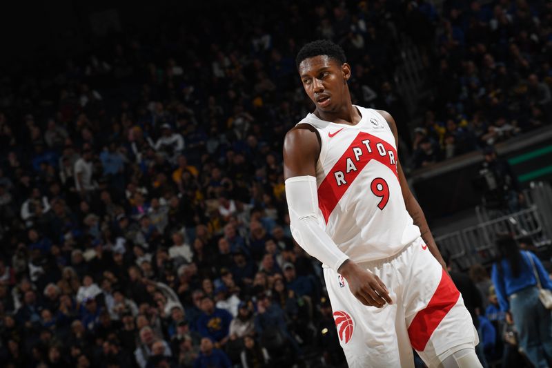 SAN FRANCISCO, CA - JANUARY 7: RJ Barrett #9 of the Toronto Raptors looks on during the game against the Golden State Warriors on January 7, 2024 at Chase Center in San Francisco, California. NOTE TO USER: User expressly acknowledges and agrees that, by downloading and or using this photograph, user is consenting to the terms and conditions of Getty Images License Agreement. Mandatory Copyright Notice: Copyright 2024 NBAE (Photo by Noah Graham/NBAE via Getty Images)