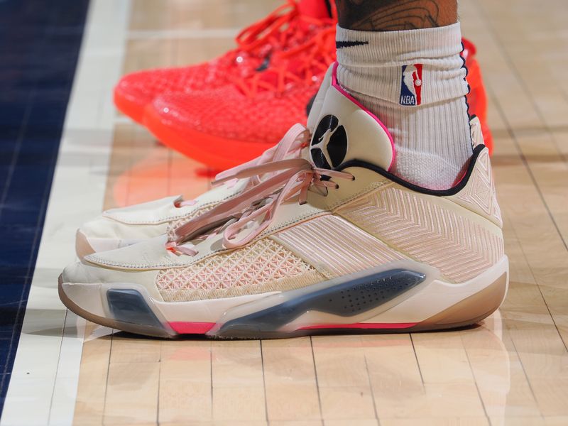 INDIANAPOLIS, IN - MARCH 13: The sneakers worn by Obi Toppin #1 of the Indiana Pacers on March 13, 2024 at Gainbridge Fieldhouse in Indianapolis, Indiana. NOTE TO USER: User expressly acknowledges and agrees that, by downloading and or using this Photograph, user is consenting to the terms and conditions of the Getty Images License Agreement. Mandatory Copyright Notice: Copyright 2024 NBAE (Photo by Ron Hoskins/NBAE via Getty Images)