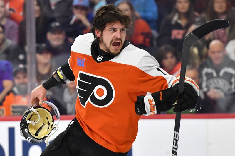 Jan 10, 2024; Philadelphia, Pennsylvania, USA; Philadelphia Flyers right wing Travis Konecny (11) yells at the Montreal Canadiens during the first period at Wells Fargo Center. Mandatory Credit: Eric Hartline-USA TODAY Sports