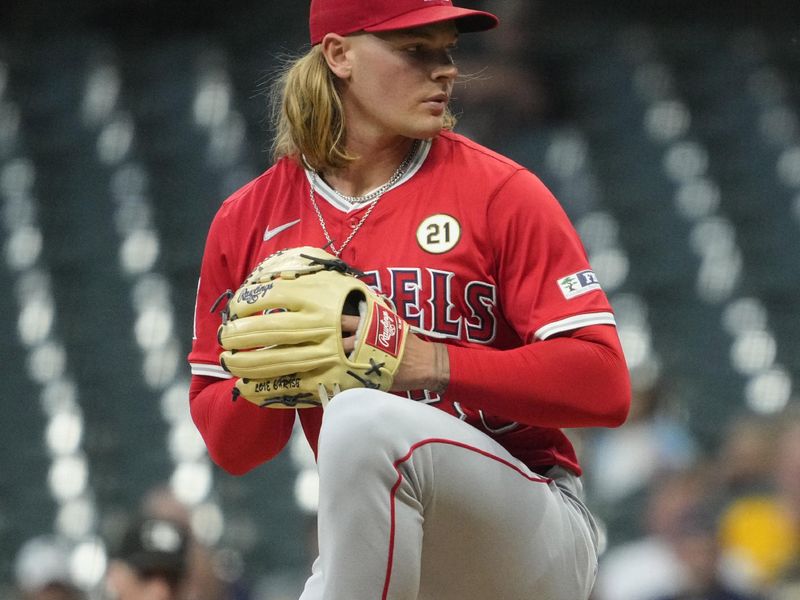 Sep 16, 2025; Milwaukee, Wisconsin, USA; Los Angeles Angels pitcher Caden Dana (36) delivers a pitch against the Milwaukee Brewers in the first inning at American Family Field. Mandatory Credit: Michael McLoone-Imagn Images