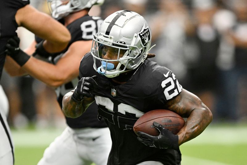 Las Vegas Raiders running back Ameer Abdullah #22 plays during a pre-season NFL football game against the San Francisco 49ers Sunday, Aug. 13, 2023, in Las Vegas. (AP Photo/Denis Poroy)