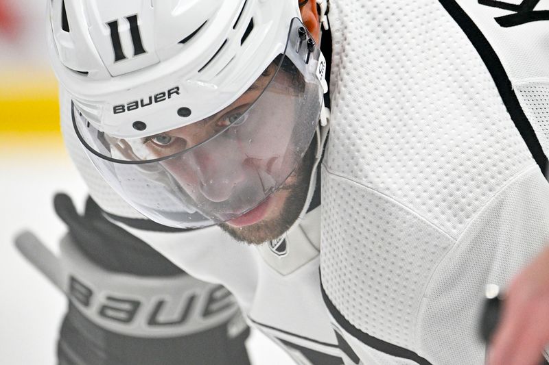 Jan 16, 2024; Dallas, Texas, USA; Los Angeles Kings center Anze Kopitar (11) waits for the face-off against the Dallas Stars during the third period at the American Airlines Center. Mandatory Credit: Jerome Miron-USA TODAY Sports