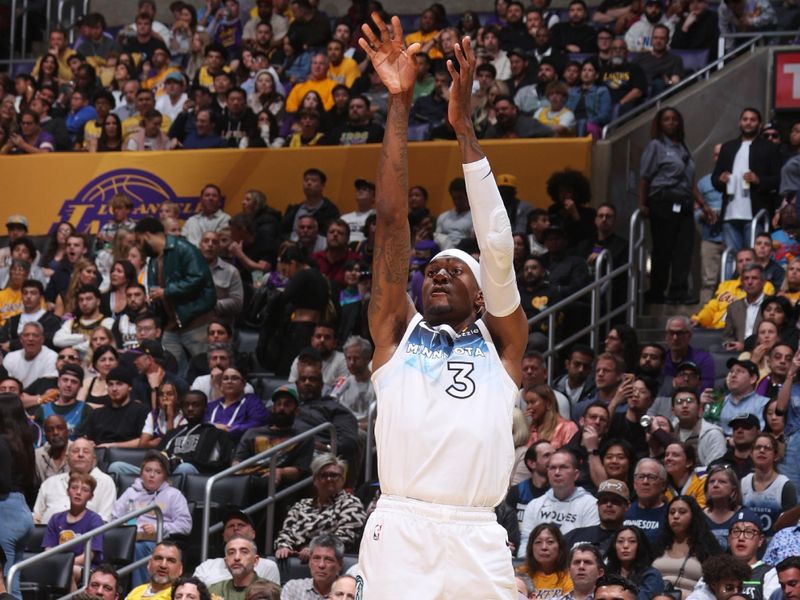 LOS ANGELES, CA - FEBRUARY 27: Jaden McDaniels #3 of the Minnesota Timberwolves shoots the ball during the game against the Los Angeles Lakers on February 27, 2025 at Crypto.Com Arena in Los Angeles, California. NOTE TO USER: User expressly acknowledges and agrees that, by downloading and/or using this Photograph, user is consenting to the terms and conditions of the Getty Images License Agreement. Mandatory Copyright Notice: Copyright 2025 NBAE (Photo by Nathaniel S. Butler/NBAE via Getty Images)