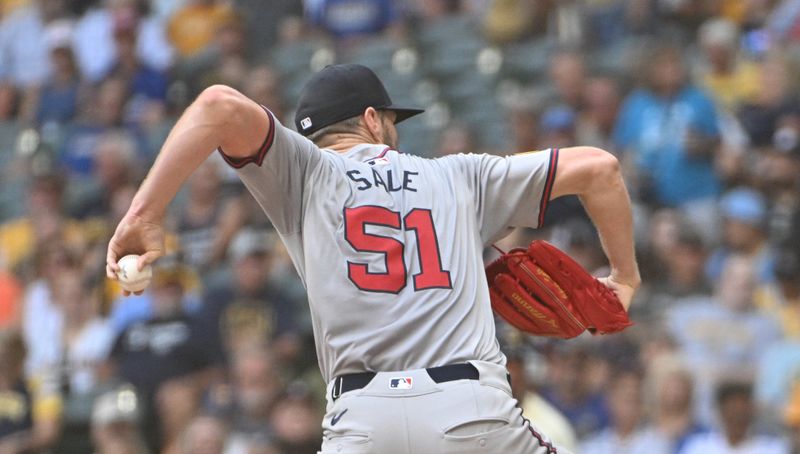 Jul 31, 2024; Milwaukee, Wisconsin, USA; Atlanta Braves pitcher Chris Sale (51) delivers against the Milwaukee Brewers in the first inning at American Family Field. Mandatory Credit: Michael McLoone-USA TODAY Sports