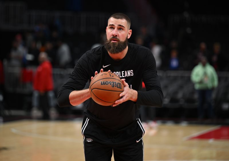 ATLANTA, GEORGIA - MARCH 10: Jonas Valanciunas #17 of New Orleans Pelicans warms up before the game against the Atlanta Hawks at State Farm Arena on March 10, 2024 in Atlanta, Georgia. NOTE TO USER: User expressly acknowledges and agrees that, by downloading and or using this photograph, User is consenting to the terms and conditions of the Getty Images License Agreement. (Photo by Paras Griffin/Getty Images)