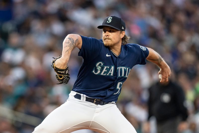 Aug 9, 2023; Seattle, Washington, USA; Seattle Mariners reliever Gabe Speier (55) delivers a pitch during the sixth inning against the San Diego Padres at T-Mobile Park. Mandatory Credit: Stephen Brashear-USA TODAY Sports