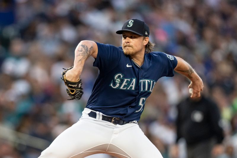 Aug 9, 2023; Seattle, Washington, USA; Seattle Mariners reliever Gabe Speier (55) delivers a pitch during the sixth inning against the San Diego Padres at T-Mobile Park. Mandatory Credit: Stephen Brashear-USA TODAY Sports