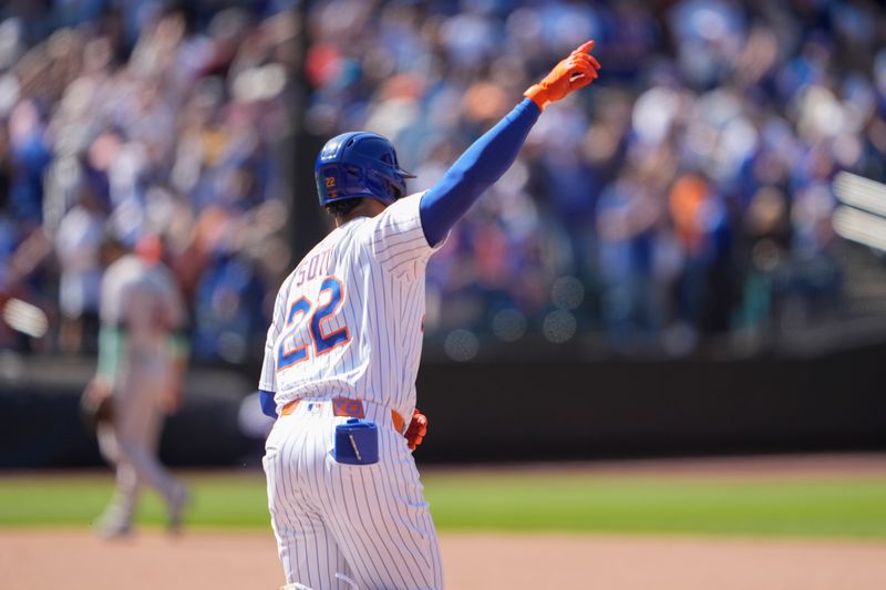 May 1, 2025; New York City, New York, USA; New York Mets right fielder Juan Soto (22) reacts to hitting his second home run of the game against the Arizona Diamondbacks during the eighth inning at Citi Field. Mandatory Credit: Gregory Fisher-Imagn Images