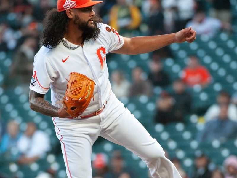 Sep 12, 2023; San Francisco, California, USA; San Francisco Giants starting pitcher Sean Manaea (52) throws a pitch during the first inning against the Cleveland Guardians at Oracle Park. Mandatory Credit: Ed Szczepanski-USA TODAY Sports