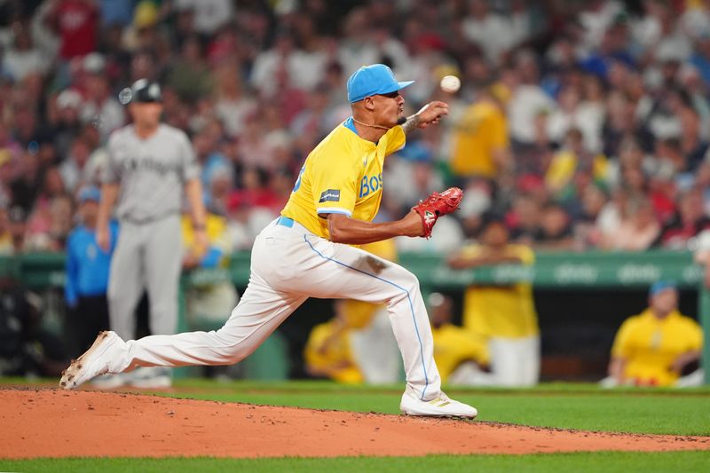 Jul 27, 2024; Boston, Massachusetts, USA; Boston Red Sox pitcher Brennan Bernardino (83) delivers a pitch against the New York Yankees during the sixth inning at Fenway Park. Mandatory Credit: Gregory Fisher-USA TODAY Sports