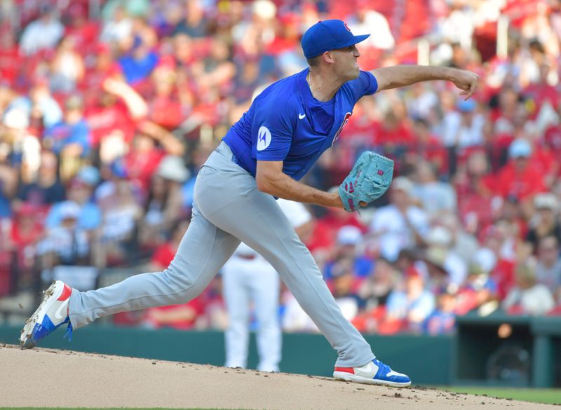 Jun 25, 2025; St. Louis, Missouri, USA; Chicago Cubs pitcher Matthew Boyd (16) pitches against the St. Louis Cardinals in the first inning at Busch Stadium. Mandatory Credit: Tim Vizer-Imagn Images 