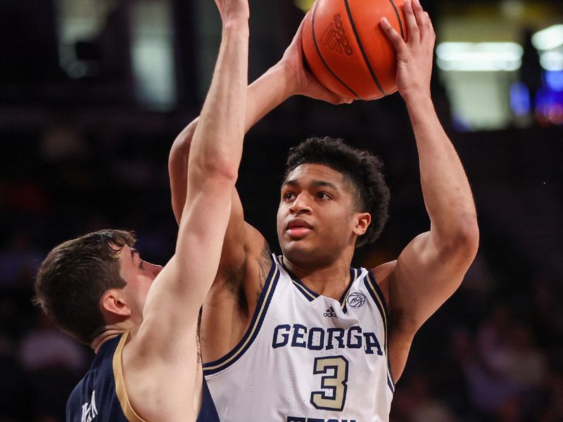 Feb 8, 2023; Atlanta, Georgia, USA; Georgia Tech Yellow Jackets guard Dallan Coleman (3) shoots over Notre Dame Fighting Irish guard Cormac Ryan (5) in the second half at McCamish Pavilion. Mandatory Credit: Brett Davis-USA TODAY Sports