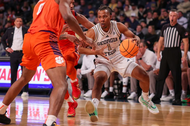 Jan 24, 2026; Atlanta, Georgia, USA; Georgia Tech Yellow Jackets guard Lamar Washington (1) drives to the basket against the Clemson Tigers in the second half at McCamish Pavilion. Mandatory Credit: Brett Davis-Imagn Images