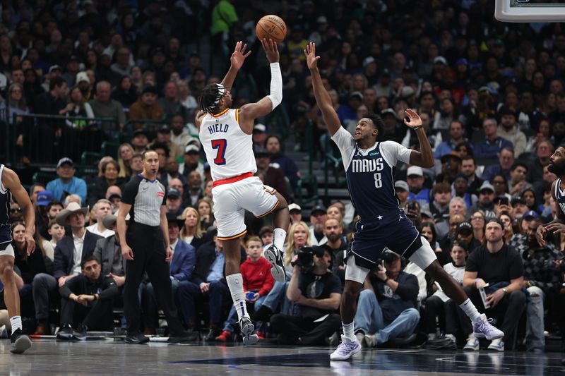 DALLAS, TX - FEBRUARY 12:  Buddy Hield #7 of the Golden State Warriors shoots the ball during the game against the Dallas Mavericks on February 12, 2025 at American Airlines Center in Dallas, Texas. NOTE TO USER: User expressly acknowledges and agrees that, by downloading and or using this photograph, User is consenting to the terms and conditions of the Getty Images License Agreement. Mandatory Copyright Notice: Copyright 2025 NBAE (Photo by Tim Heitman/NBAE via Getty Images)