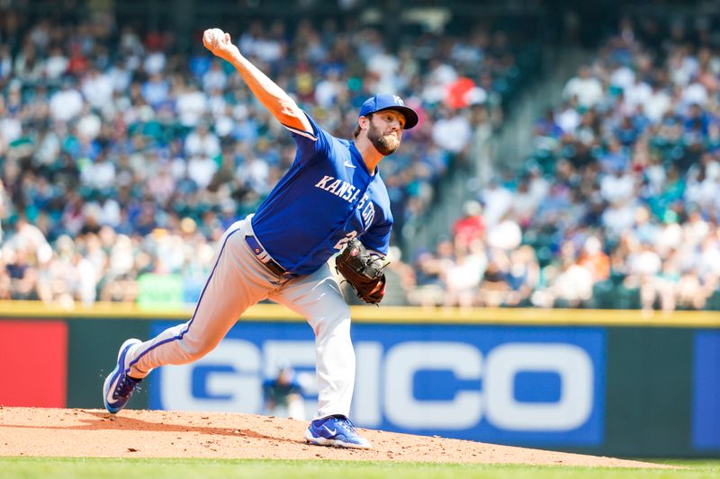 Aug 28, 2023; Seattle, Washington, USA; Kansas City Royals starting pitcher Jordan Lyles (24) throws against the Seattle Mariners during the second inning at T-Mobile Park. Mandatory Credit: Joe Nicholson-USA TODAY Sports